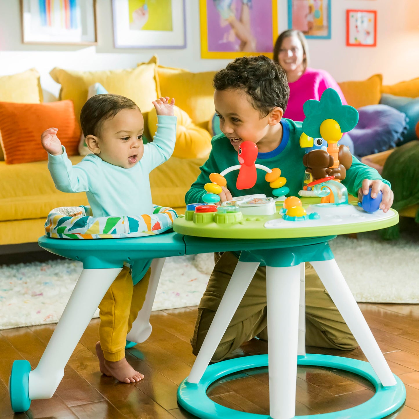 Bright Starts Around We Go 2-in-1 Baby Walker, Discovery Activity Center and Table, Tropic Coral, Ages 6 Months+