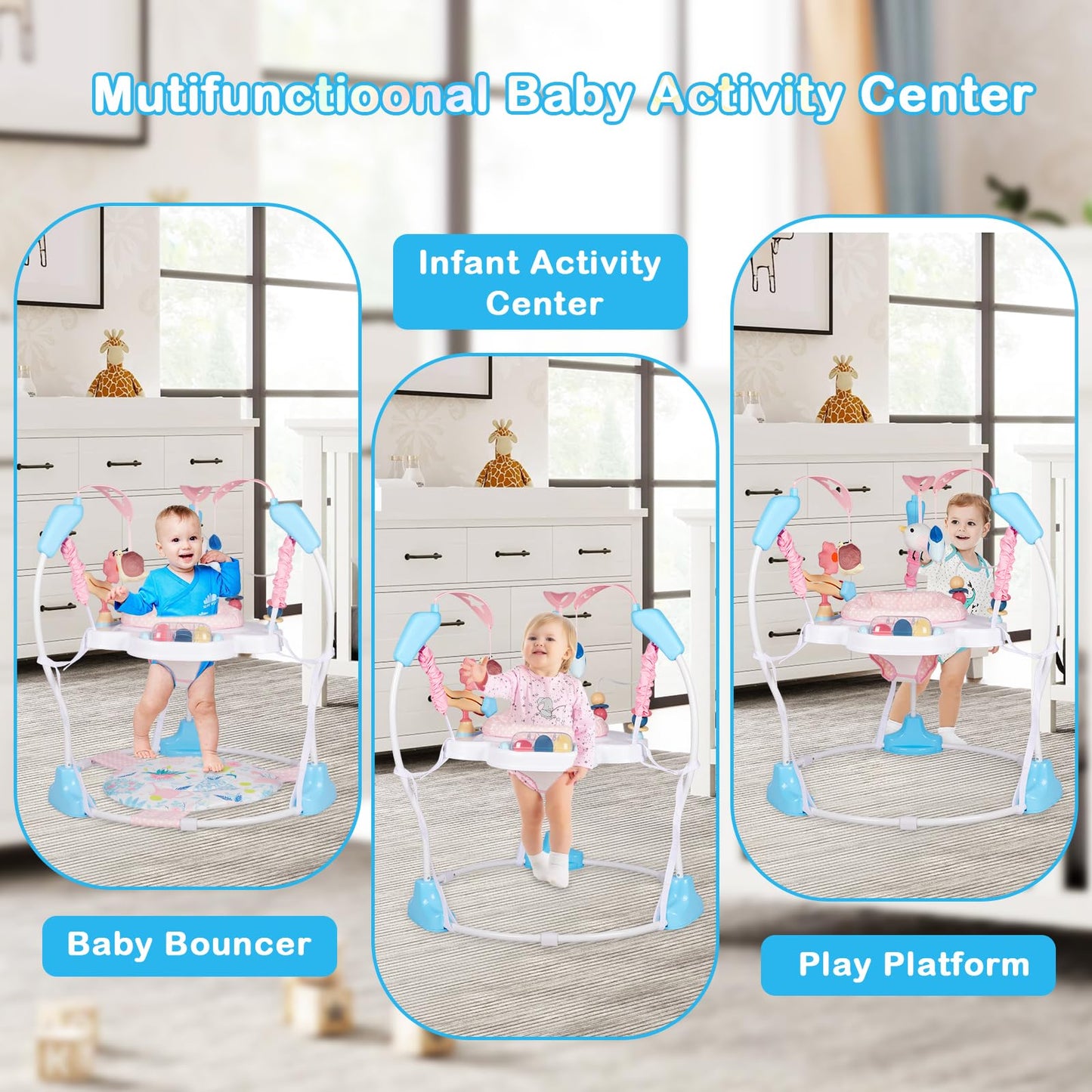 Baby Activity Center, Infant Jumpers and Bouncers with Music, Lights, Infant Toys, 360°Rotating Seat, 3 Adjustable Heights, Baby Play and Learning Center for 6+ Months