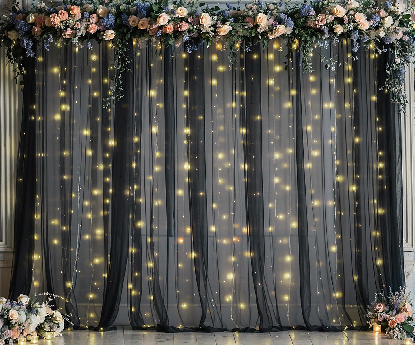 White Tulle Backdrop Curtain with Lights String for Parites 10×8ft Sheer Backdrop Curtains White Curtain Backdrop for Wedding Baby Shower Birthday Party Photo Shoot Decorations(2 Panels 10ft×8ft)
