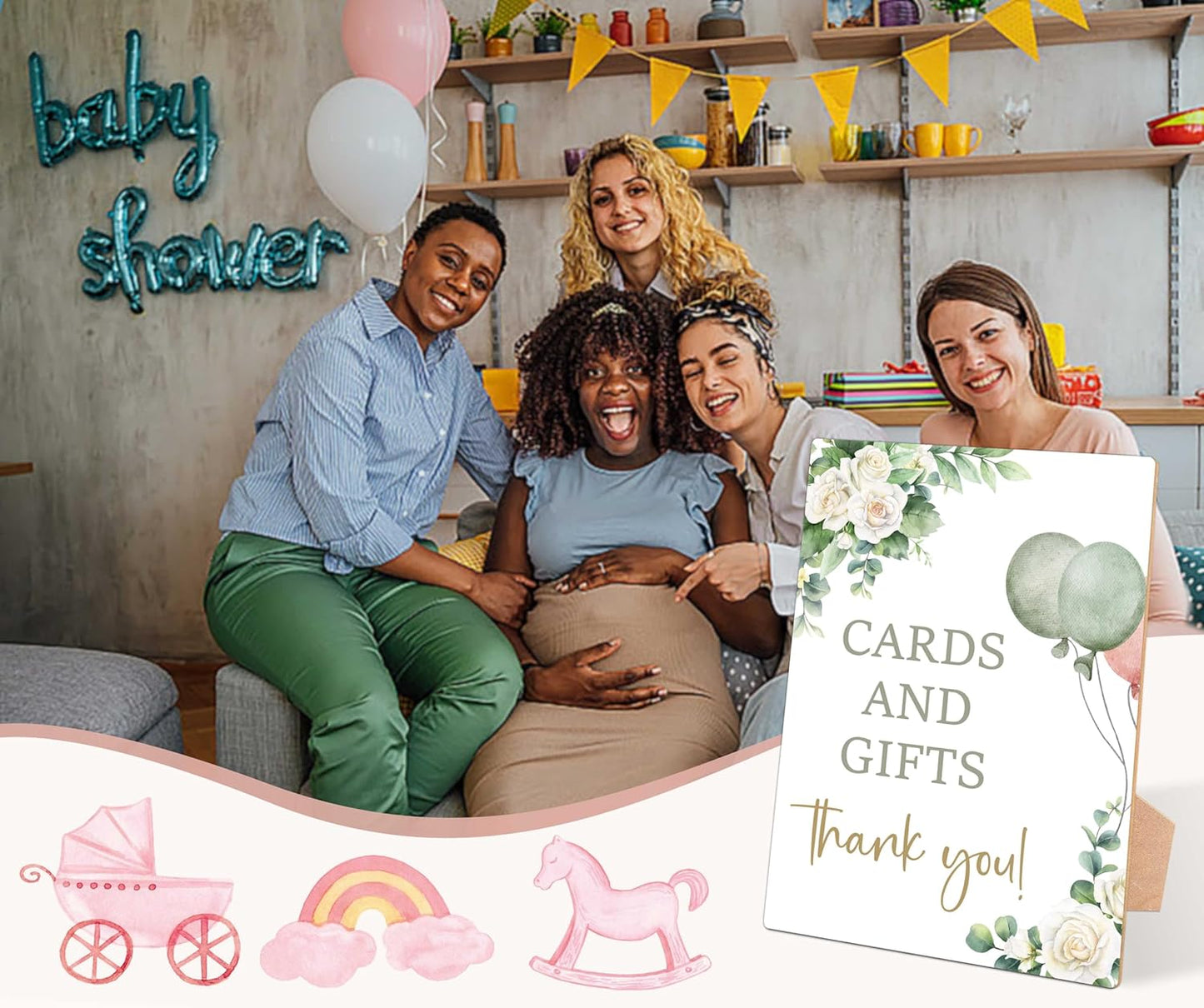 Sage Green Baby Shower Table Sign, Cards and Gifts Sign, Pack of 1 Wooden Tabletop Sign with Stand, Greenery Balloons Baby Shower Supplies, Gender Reveal Party Decorations - RG02