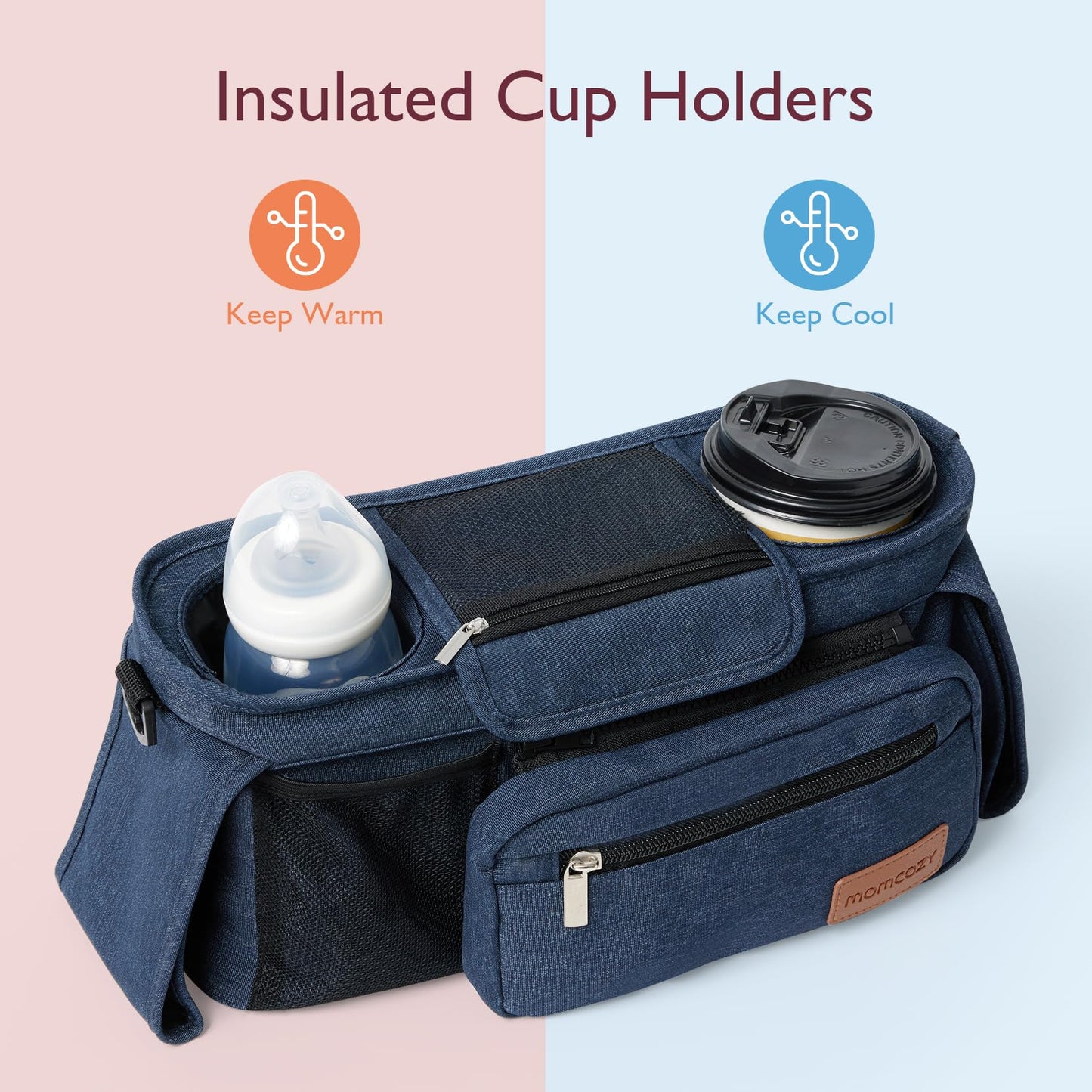 Momcozy Universal Stroller Organizer, 2 Insulated Cup Holders, Removable Zip Pocket, Adjustable Straps, Large Capacity Baby Essentials Compact Design, Fits Any Stroller (Multicolor)