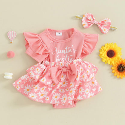 Baby Girls Daisy Romper Bowknot Bodysuit+Headband Short Sleeve Playsuits Floral Jumpsuit Infant Summer Clothes