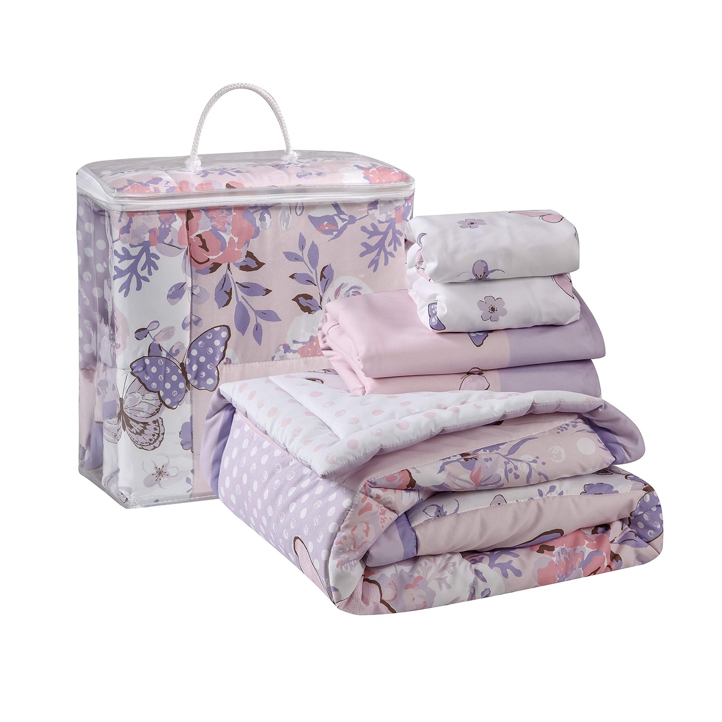 La Premura 3-Piece Purple Butterfly Baby Crib Bedding Set for Girls, Lilac Standard Size Crib Set for Baby Girl, Comforter, Fitted Sheet, and Dust Ruffle Skirt, Baby Nursery Floral Design for Girls