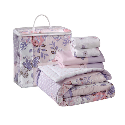 La Premura 3-Piece Purple Butterfly Baby Crib Bedding Set for Girls, Lilac Standard Size Crib Set for Baby Girl, Comforter, Fitted Sheet, and Dust Ruffle Skirt, Baby Nursery Floral Design for Girls