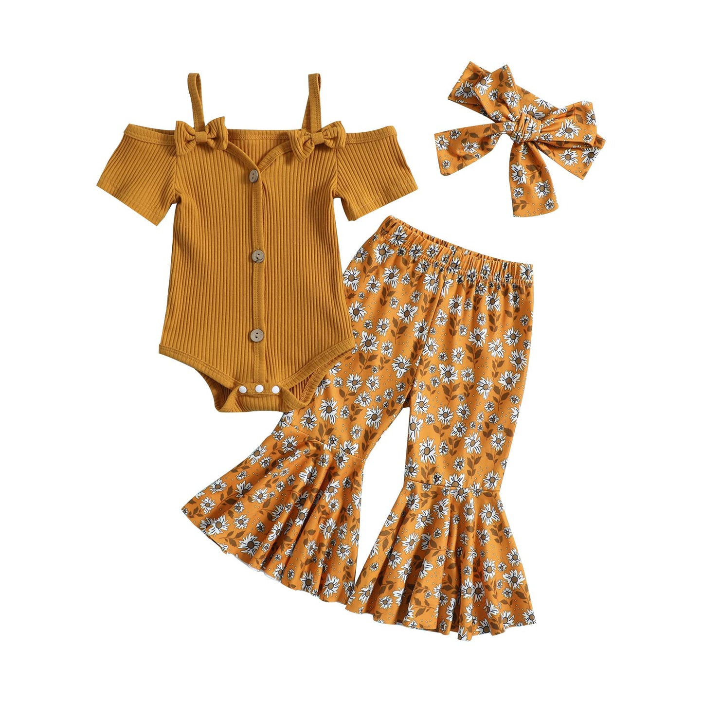 Fernvia Infant Baby Girl Clothes Suspenders Short Sleeve Ribbed Romper Flared Pants Set Headband 3pcs Summer Outfit