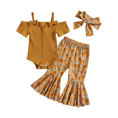 Fernvia Infant Baby Girl Clothes Suspenders Short Sleeve Ribbed Romper Flared Pants Set Headband 3pcs Summer Outfit