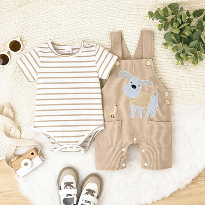 Baby Boy Clothes Infant Summer Outfits Short Sleeve Striped Romper Cute Cartoon Dog Overall Pants Set 2pcs 0-18 Months