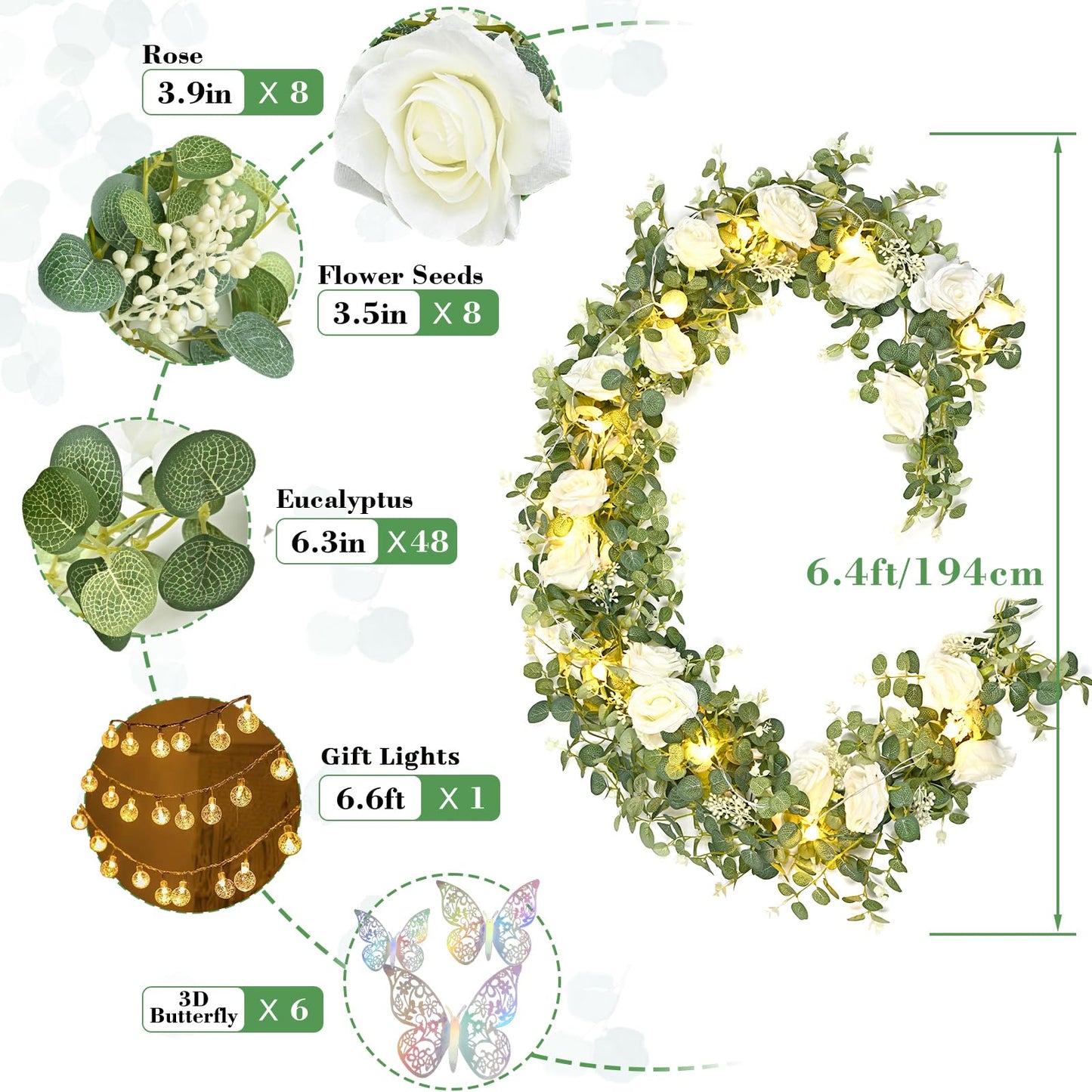 Yastouay 6.4 Ft Fuller Artificial Eucalyptus Garland with Champagne Flowers Fake Rose Vine for Table Centerpiece Wedding Baby Shower Party Room Backdrop Decor