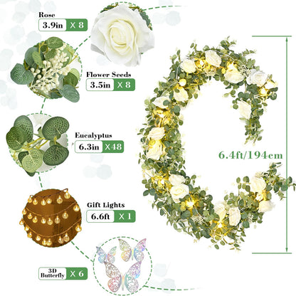 Yastouay 6.4 Ft Fuller Artificial Eucalyptus Garland with Champagne Flowers Fake Rose Vine for Table Centerpiece Wedding Baby Shower Party Room Backdrop Decor