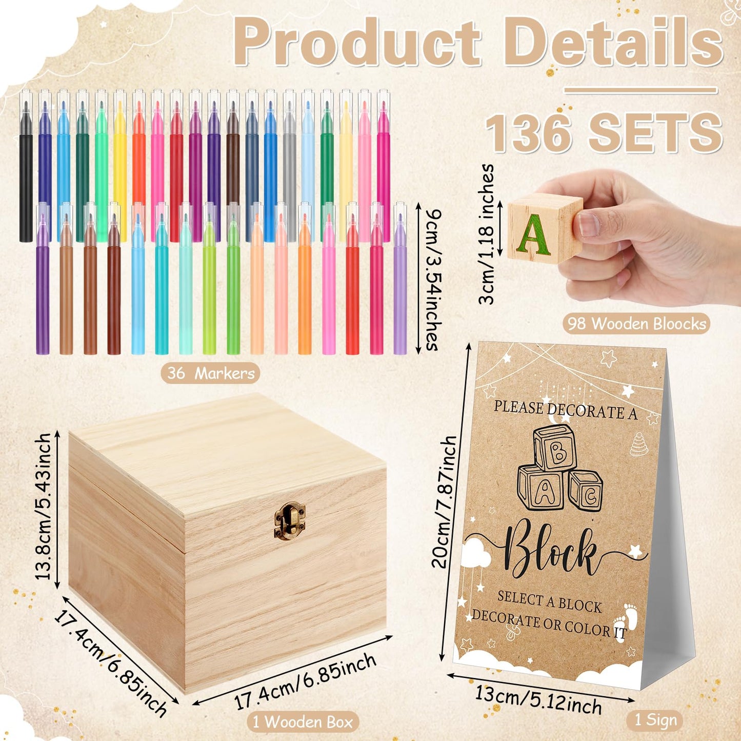 Marsui 136 Pcs Baby Shower Blocks to Decorate Game Kit Includes 98 Wooden Blocks, 36 Markers, 1 Game Sign, 1 Storage Box for Baby Shower Gender Reveal Activity Party Decorations(Pink Elephant)