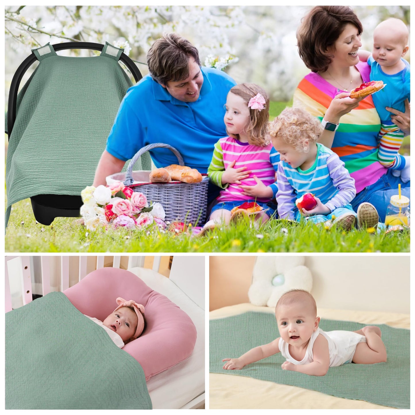 SERAPHY 100% Muslin Cotton Car Seat Covers for Babies, Universal Baby Car Seat Cover, Breathable Muslin Carseat Cover Canopies for Boys and Girls, Soft Infant Car Seat Cover for Summer — Rabbits