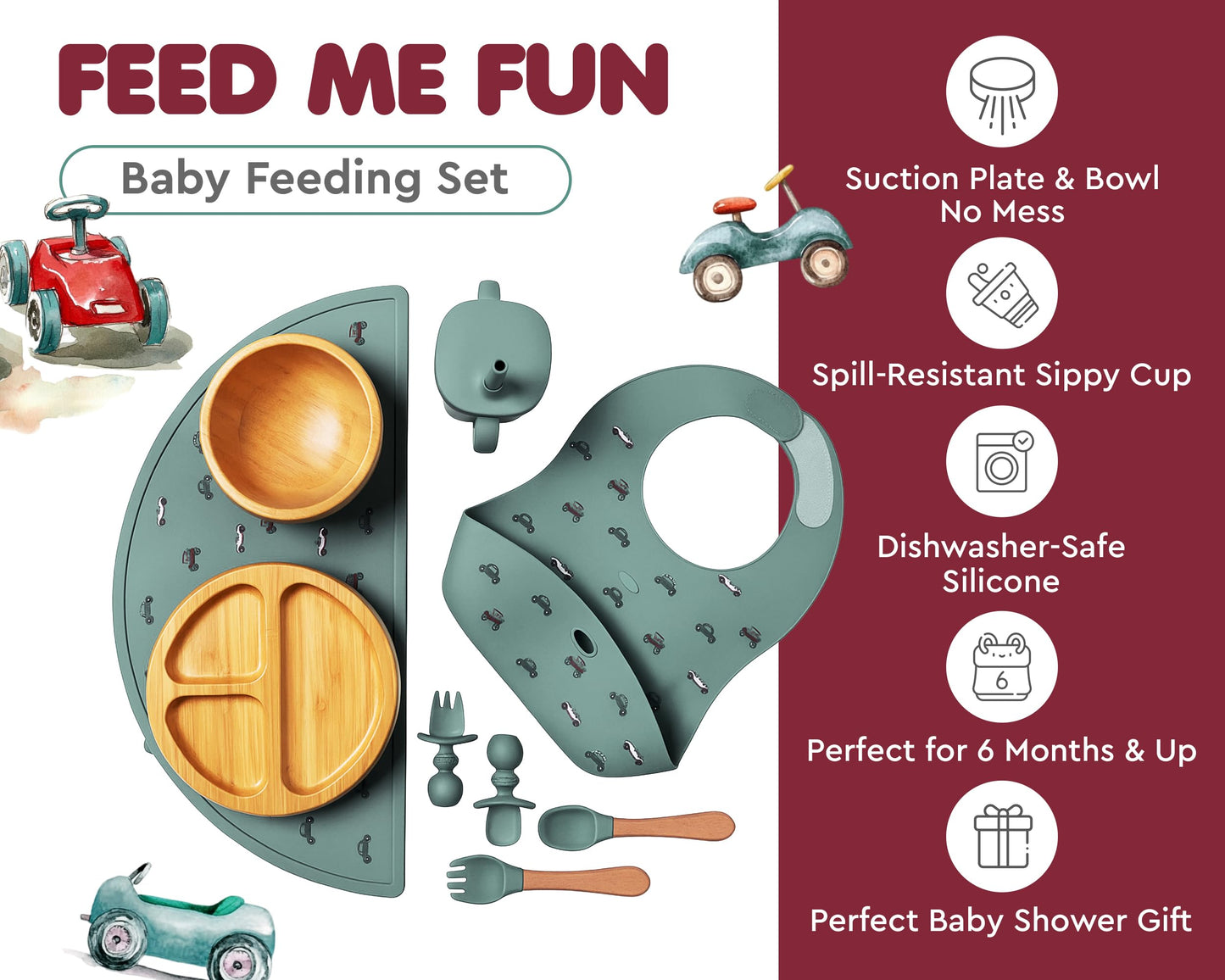 Bamboo Baby Feeding Set for Infants & Toddlers - Baby Essentials, Non-Toxic, Sustainable, Bamboo Suction Plate & Bowl, Bib, Sippy Cup w/Lid & Straw, Daily Use, Travel, Baby Shower Gifts (Pink)