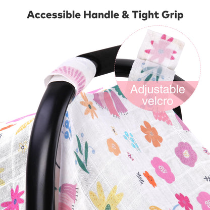 Rquite Car Seat Cover, Muslin Cotton Infant Car Seat Canopy, Breathable Baby Carrier Cover, Summer Stroller Sun Shade, Flower