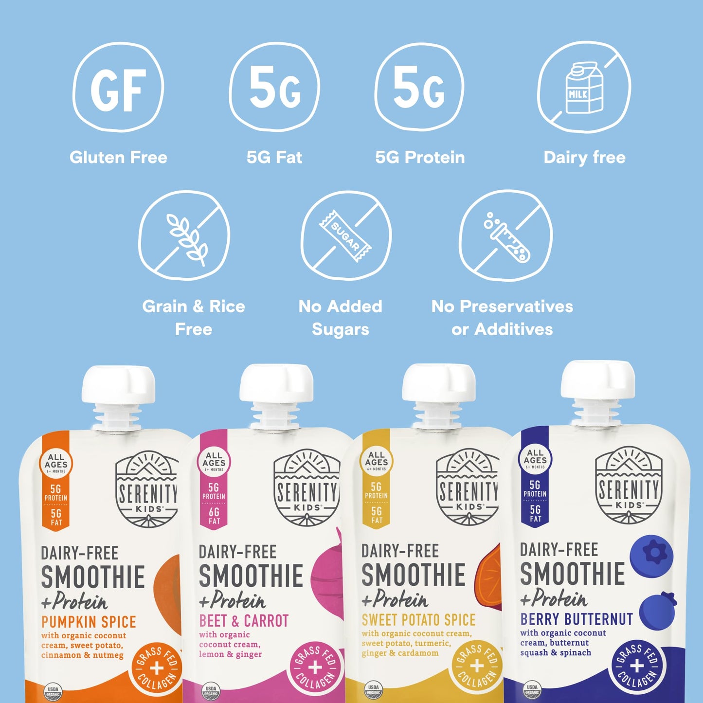 Serenity Kids 6+ Months Dairy-Free Smoothie Baby Food | USDA Organic | Grass Fed Collagen Protein | 3.5 Ounce BPA-Free Pouch | Berry Butternut | 12 Count