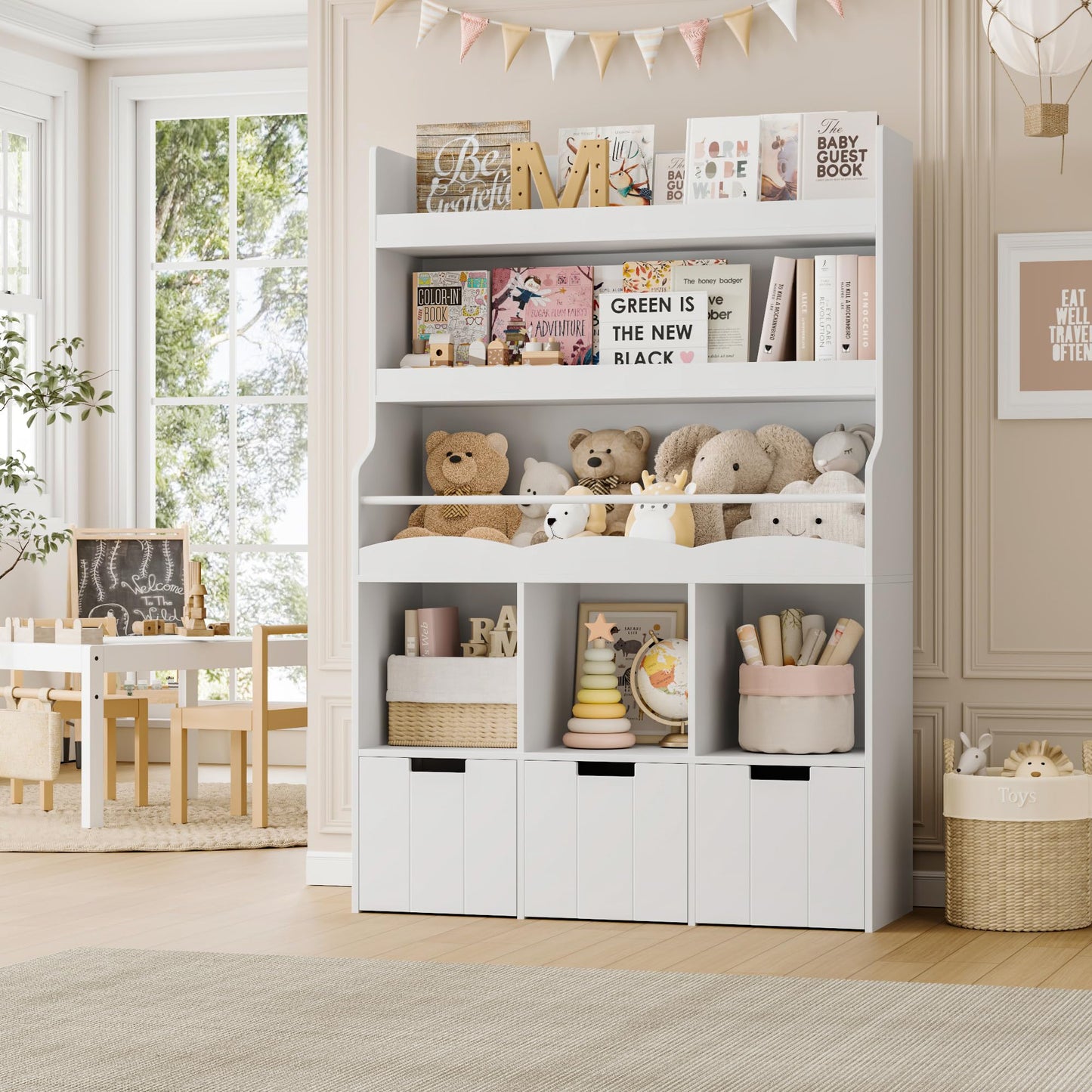 HITHOS 55.3" H Kids Bookshelf with Toy Storage Organizer, Tall Book Shelf with 3 Movable Toy Storage Bins, Large Kids Bookcase with Toy Chest, 39.2" W Modern Toy Box for Kids Room, Playroom, White