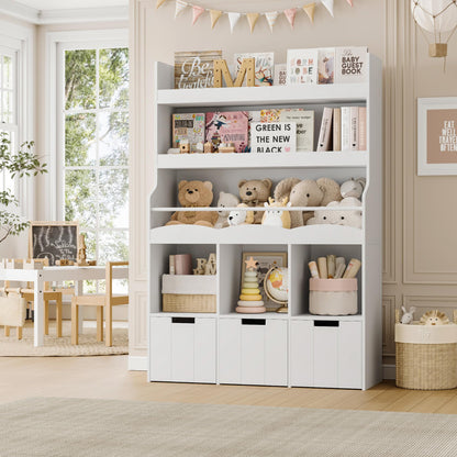 HITHOS 55.3" H Kids Bookshelf with Toy Storage Organizer, Tall Book Shelf with 3 Movable Toy Storage Bins, Large Kids Bookcase with Toy Chest, 39.2" W Modern Toy Box for Kids Room, Playroom, White