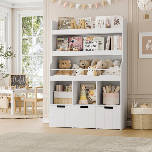 HITHOS 55.3" H Kids Bookshelf with Toy Storage Organizer, Tall Book Shelf with 3 Movable Toy Storage Bins, Large Kids Bookcase with Toy Chest, 39.2" W Modern Toy Box for Kids Room, Playroom, White