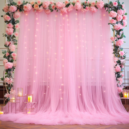 White Tulle Backdrop Curtain with Lights String for Parites 10×8ft Sheer Backdrop Curtains White Curtain Backdrop for Wedding Baby Shower Birthday Party Photo Shoot Decorations(2 Panels 10ft×8ft)