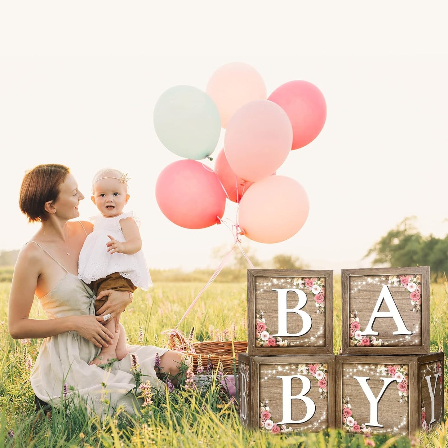 Epakh Baby Boxes with Letters for Baby Shower, Rustic Floral Brown Blocks Bear Box Birthday Party Gender Reveal Photo Props for Girl Boy