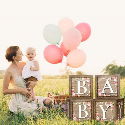 Epakh Baby Boxes with Letters for Baby Shower, Rustic Floral Brown Blocks Bear Box Birthday Party Gender Reveal Photo Props for Girl Boy