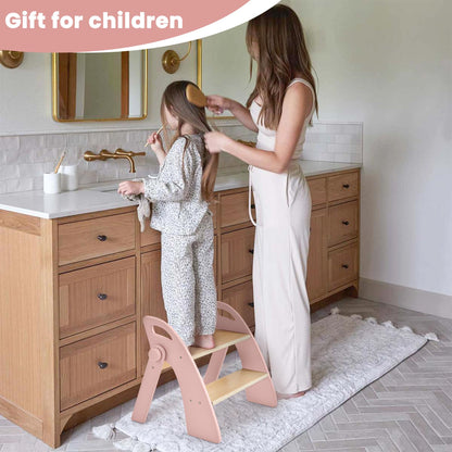 Wooden Step Stool, Two Step Stools, 300 lb. Load Capacity, with Safety Non-Slip Pads and Handles, Bamboo Step Stool for Bathroom and Kitchen, Children's Double Height Step Stools(Pink)