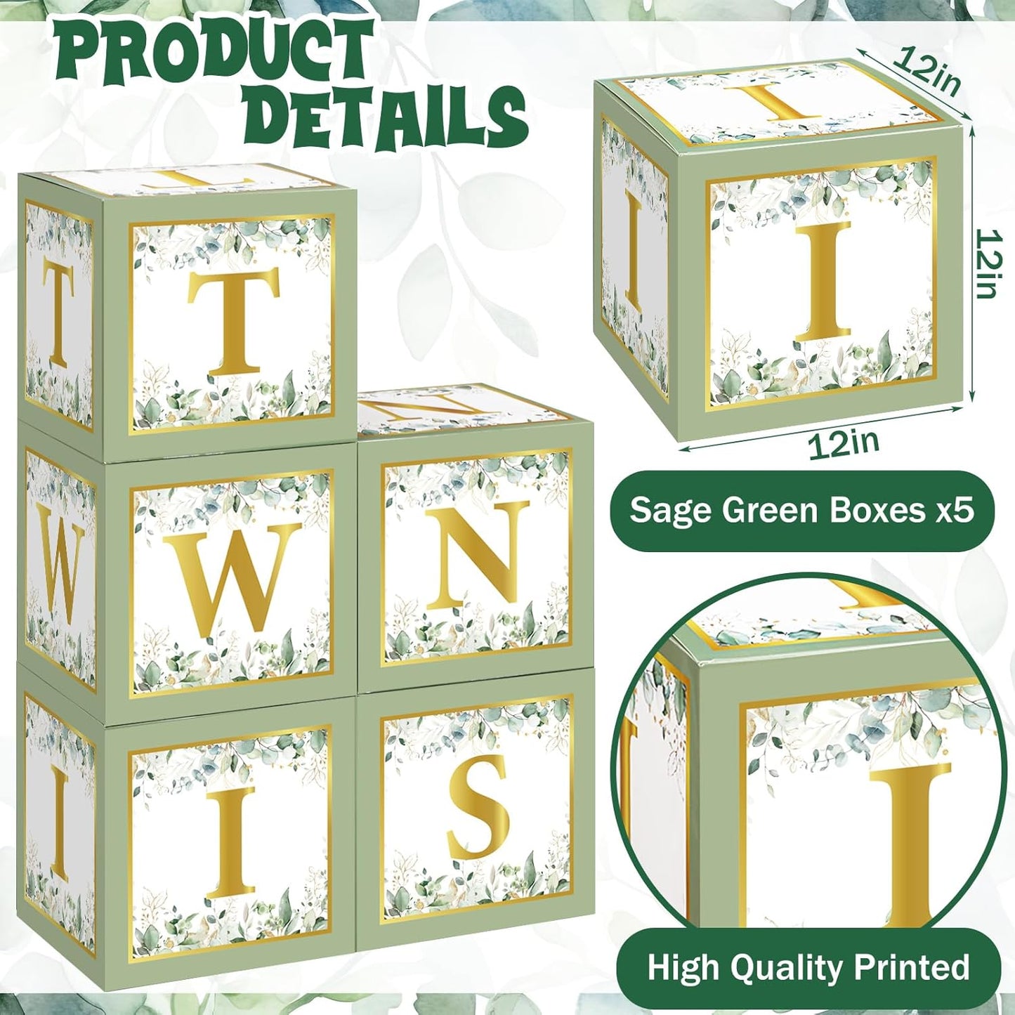 Marspark 5 Pcs Twins Baby Shower Boxes Decorations Supplies Sage Green Baby Boxes for Twins Balloon Boxes Gender Reveal Baby Shower Birthday Party Favors