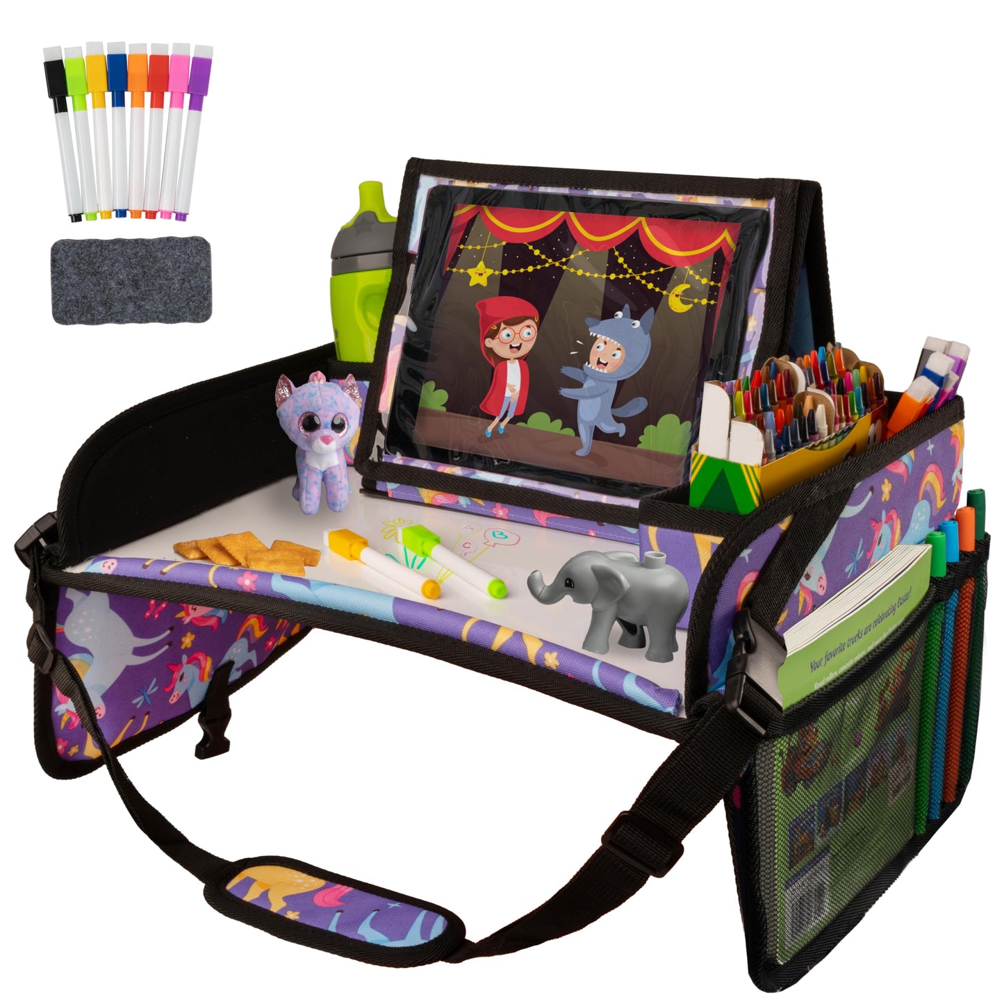 Lusso Gear Kids Travel Tray 2-Pack for Car Seats - Car Seat Tray with Tablet Stand, Mesh Pockets and Cup Holder - Road Trip Essentials Organizer and Activity Desk (Black)