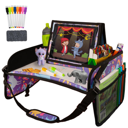 Lusso Gear Kids Travel Tray 2-Pack for Car Seats - Car Seat Tray with Tablet Stand, Mesh Pockets and Cup Holder - Road Trip Essentials Organizer and Activity Desk (Black)