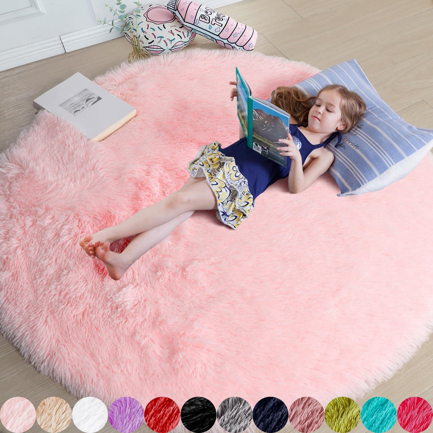 Pink Round Area Rugs 6Ft for Bedroom Living Room, Big Fluffy Shag Circle Rug for Kids Playroom, Cute Preppy Room Decor for Teen Girls, Cozy Fuzzy Furry Plush Carpets for Baby Nursery, Dorm, Classroom