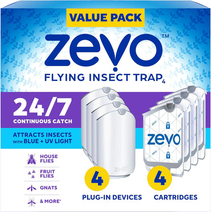 Zevo Flying Insect Trap & Cartridge - Plug in Fly Trap & Indoor Bug Catcher for Gnats, House & Fruit Flies - Mess-Free - Use in Any Room - Uses Blue & UV Light (1 Plug in Device & 1 Cartridge)