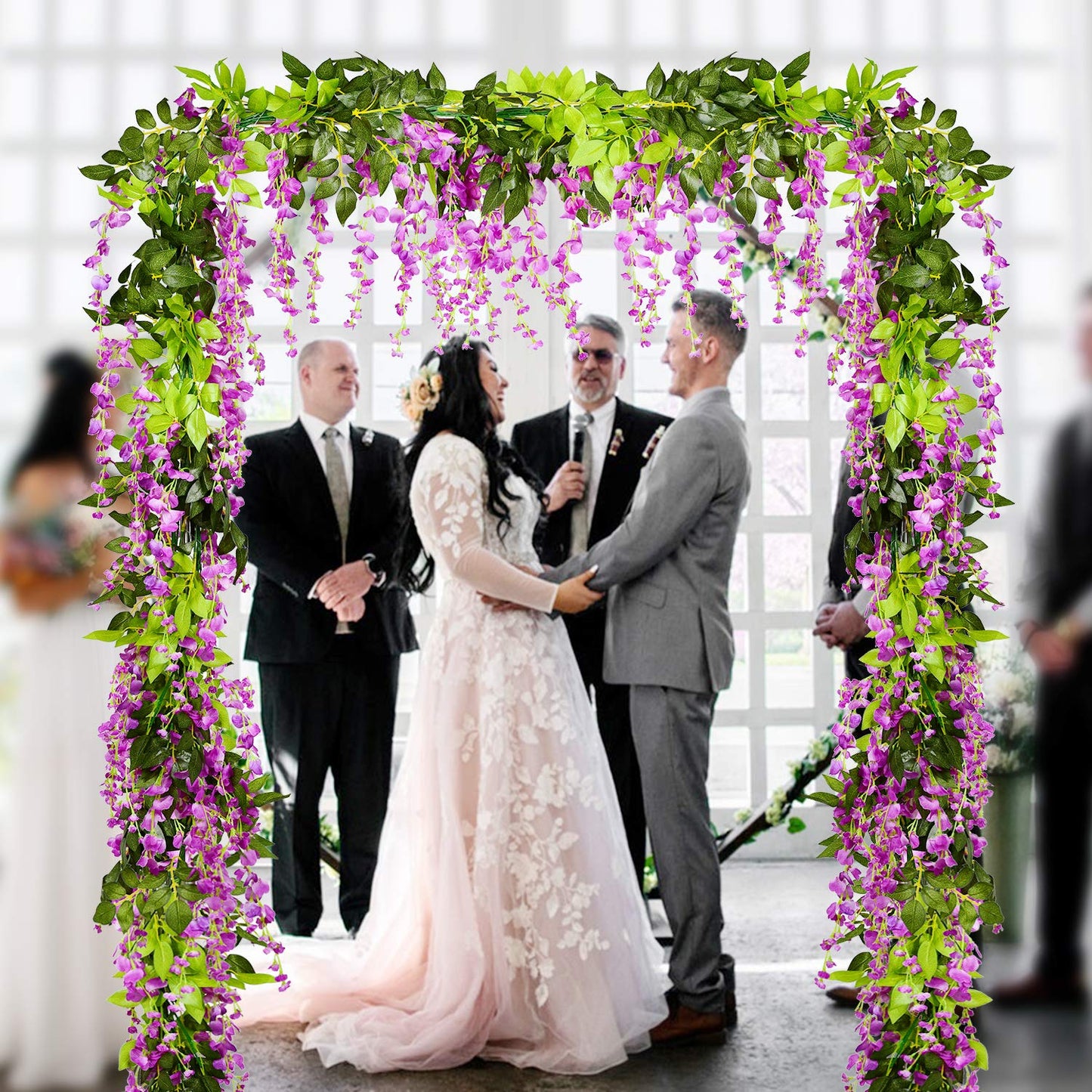 Lvydec Wisteria Artificial Flowers Garland, 4Pcs Total 28.8ft White Artificial Wisteria Vine Silk Hanging Flower for Home Garden Outdoor Ceremony Wedding Arch Floral Decor