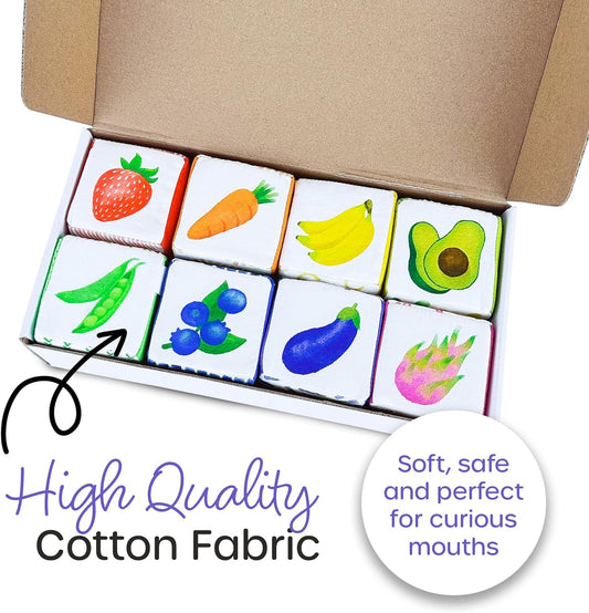 Quiggly Rainbow Soft Baby Blocks - 8 Colorful, Montessori Sensory Blocks for Babies & Toddlers- 100% Cotton, Non-Toxic Play Set with Rattle, Crinkle, Textures- Stacking Building Blocks for 3-12 Months