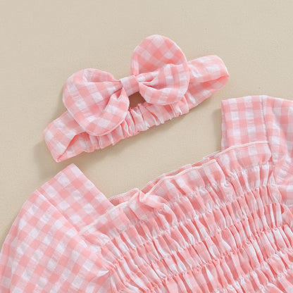 Infant Baby Girls Romper Ruffle Sleeve Pleated Smocked Bubble Plaid One Piece Ruched Jumpsuit Summer Bodysuit