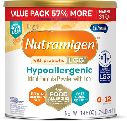 Enfamil Nutramigen Baby Formula, Hypoallergenic and Lactose Free Formula with Enflora LGG, Fast Relief from Severe Crying and Colic, Powder Can, 19.8 Oz (Pack of 1)