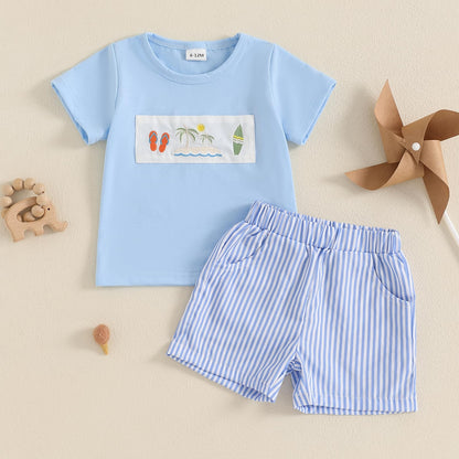 fhutpw Baby Toddler Boy Summer Clothes Embroidery Pattern Short Sleeve Tops & Casual Shorts 6 12 18 Months Outfits Sets