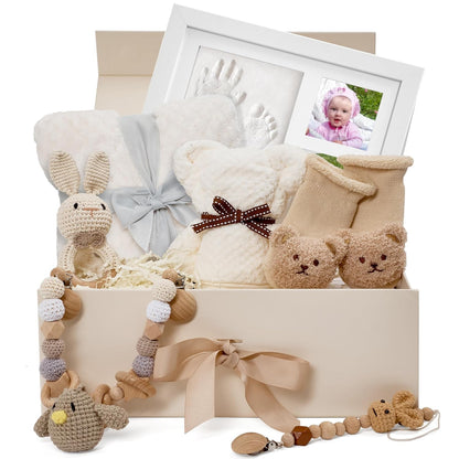 Baby Gift Set for Newborn – Handprint & Footprint Photo Frame, Bunny Rattle, Blanket, Socks, Towel Bear, Carriage Pendant, Nipple Clip – Newborn Baby Gift Basket for Boys & Girls