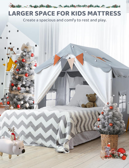 BESREY Kids Play Tent - 2 in 1 with Padded Mat & Lights, Large Playhouse with 2 Doors & 4 Windows, Indoor & Outdoor, Christmas Toddler Play Tent, 51" x 35" x 51
