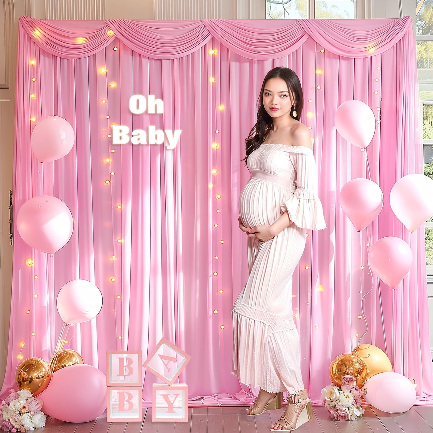 10x10ft Pink Backdrop Curtain with Lights String for Parties Wedding Wrinkle Free Soft Curtains Photo Backdrop Drapes for Girls Birthday Baby Shower Background Decorations 5x10ft, 2 Panels