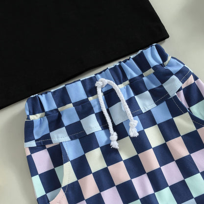 Toddler Baby Boy Summer Clothes Set Short Sleeve Checkered Tops & Shorts Novelty Color Block Outfits
