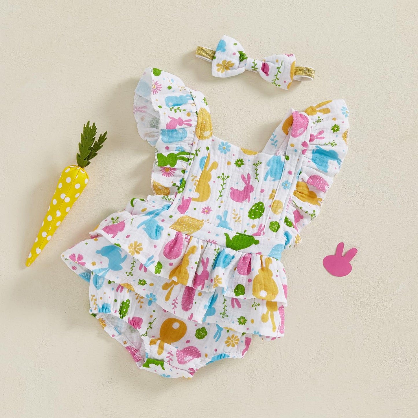 Baby Girls Flutter Sleeve Ruffles Layered Romper Dress Cute Patterns Printed Holiday Outfit with Headband