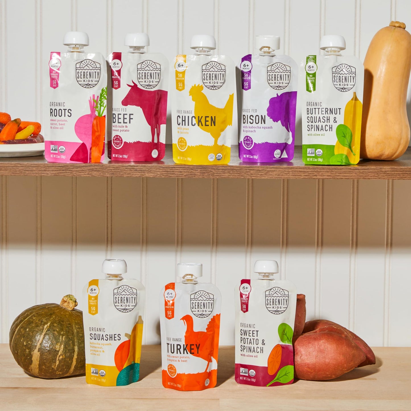 Serenity Kids 6+ Months Baby Food Pouches - Puree with Ethically Sourced Meat & Organic Veggies - 3.5 Ounce BPA-Free Pouch - Variety Pack, 8 Count - Baby Food Meat