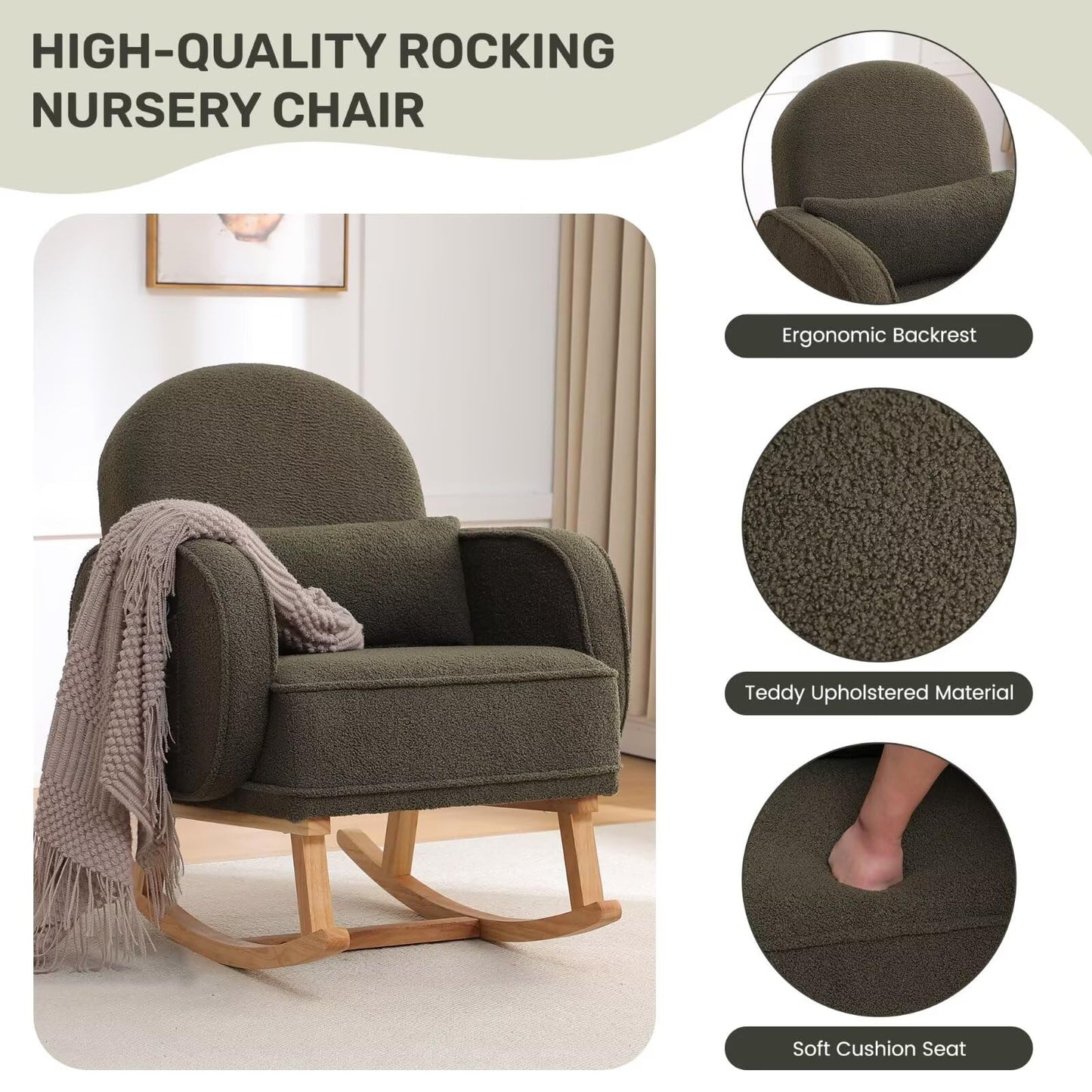 Rocking Chair with Ottoman, Upholstered Glider Rocker with High Backrest and Side Pocket, Rocking Accent Armchair with Solid Wood Legs for Nursery, Living Room, Bedroom Green