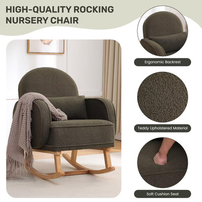 Rocking Chair with Ottoman, Upholstered Glider Rocker with High Backrest and Side Pocket, Rocking Accent Armchair with Solid Wood Legs for Nursery, Living Room, Bedroom Green