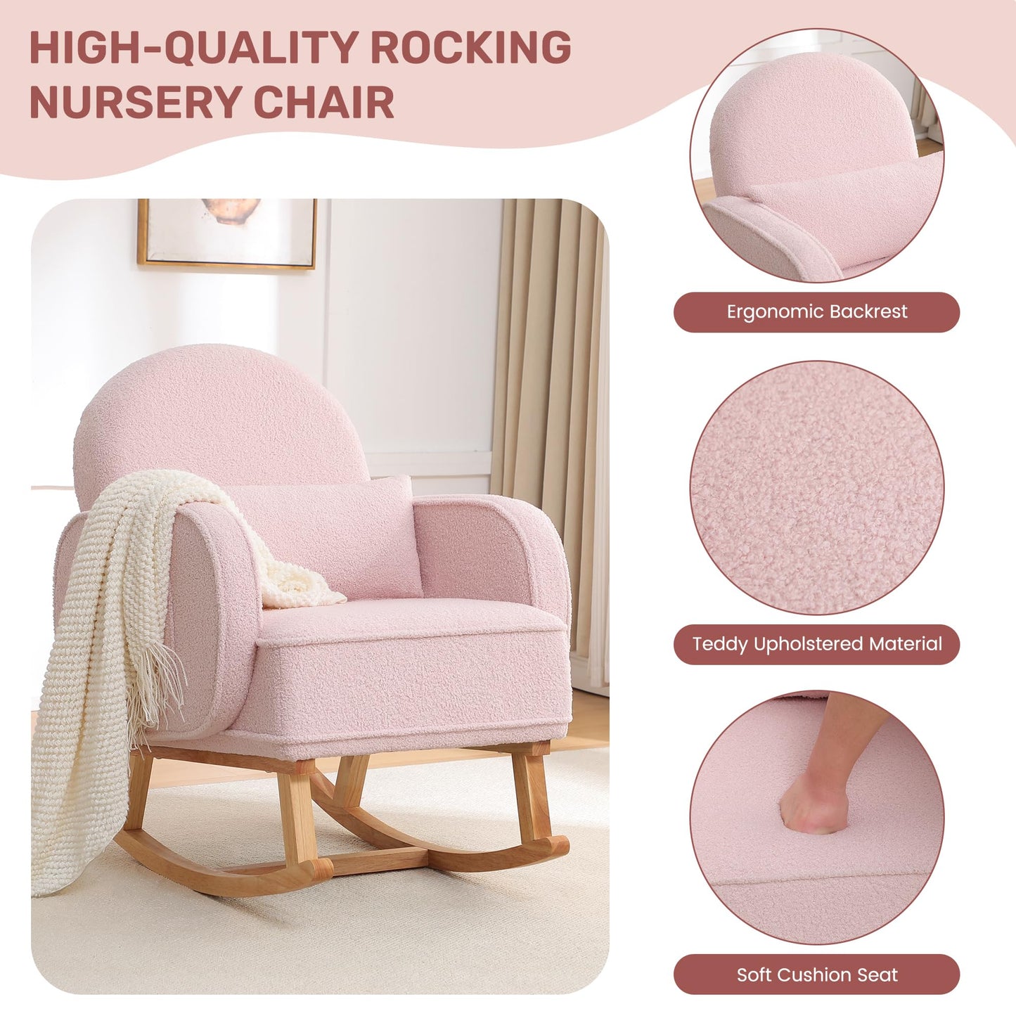 Rocking Chair with Ottoman, Upholstered Glider Rocker with High Backrest and Side Pocket, Rocking Accent Armchair with Solid Wood Legs for Nursery, Living Room, Bedroom Green