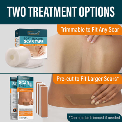 NUVADERMIS Silicone Scar Sheets - Extra Long Scar Sheets for C-Section, Tummy Tuck, Keloid, and Surgical Scars - Reusable Medical Grade Silicone Scar Sheets - Pack of 4 - Light Tone
