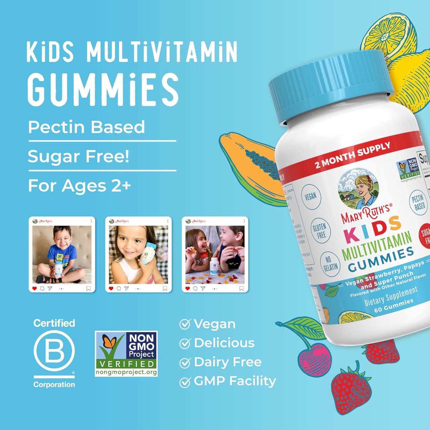 MaryRuth Organics Kids Vitamins | Multi | Sugar Free | 2 Month Supply | Kids Multivitamin Gummies for Ages 2+ | Multivitamin for Kids | Vitamins for Kids | Vegan | Only 1 Gummy a Day | 60 Count |
