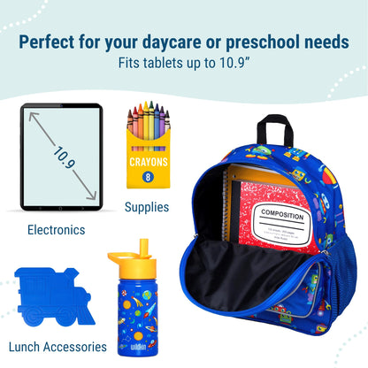 Wildkin 12-inch Kids Backpack – Padded, Adjustable, Ideal for Daycare & Travel - Trains, Planes, and Trucks