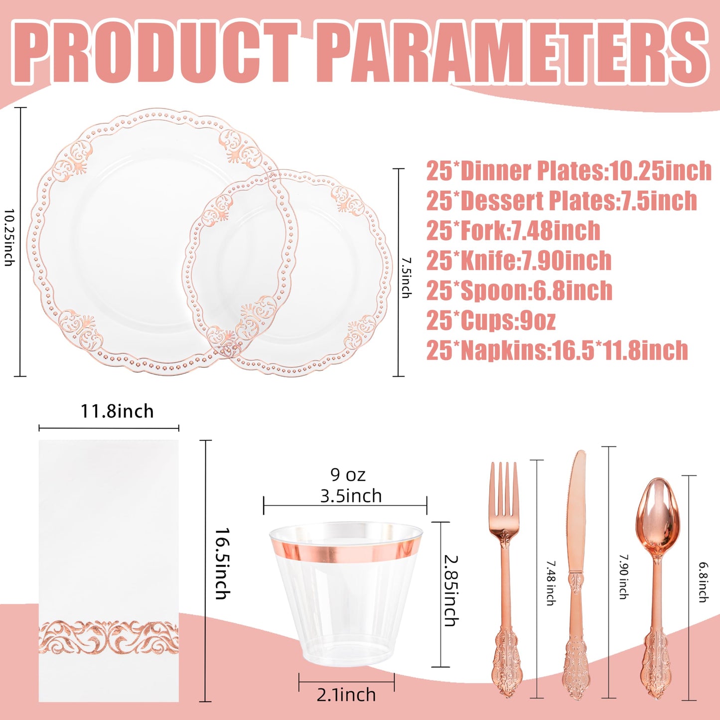 Ciaell 175 PCS White and Gold Plastic Plates - Fancy Gold Disposable Dinnerware Set with of 25 Dinner Plates, 25 Salad Plates, 25 Knives, 25 Forks, 25 Spoons, 25 Cups, 25 Napkins for Weddings Party