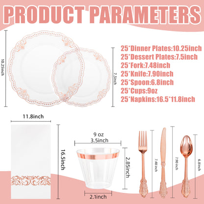 Ciaell 175 PCS White and Gold Plastic Plates - Fancy Gold Disposable Dinnerware Set with of 25 Dinner Plates, 25 Salad Plates, 25 Knives, 25 Forks, 25 Spoons, 25 Cups, 25 Napkins for Weddings Party