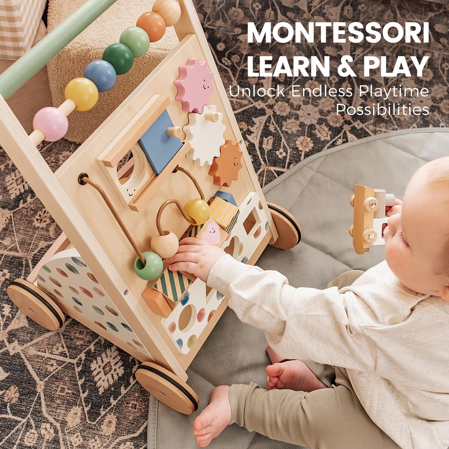 Tiny Land Wooden Baby Walker, Baby Push Walker, Montessori Walker Toy, Adjustable Speed Baby Walker for Boys and Girls, Baby Activity Center, Push Toys for Kids Development